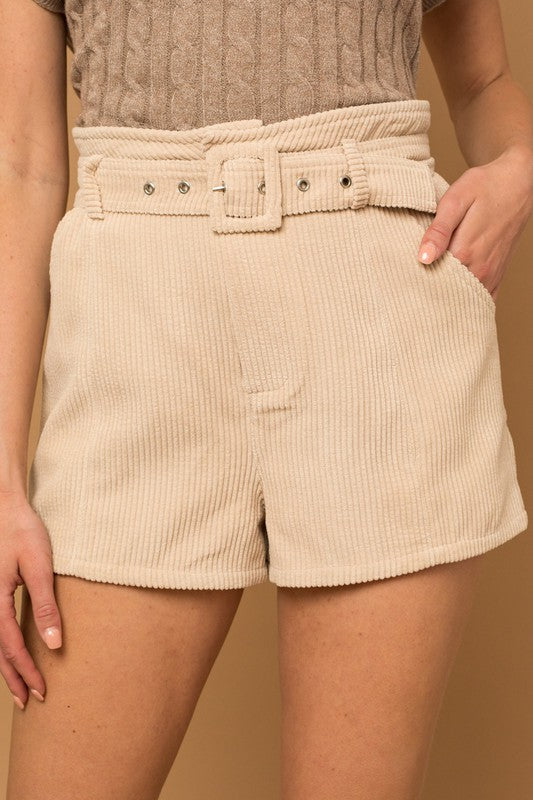 Trendy Inspo Cream Corduroy Belted Shorts