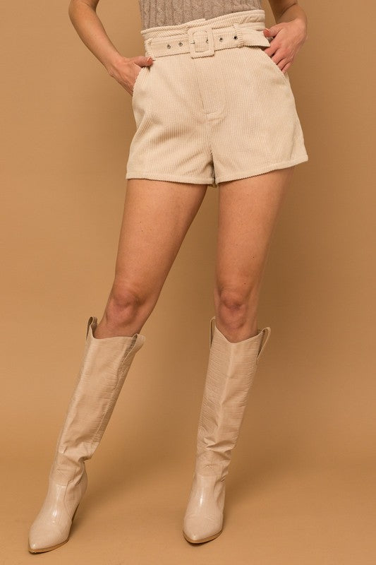 Trendy Inspo Cream Corduroy Belted Shorts