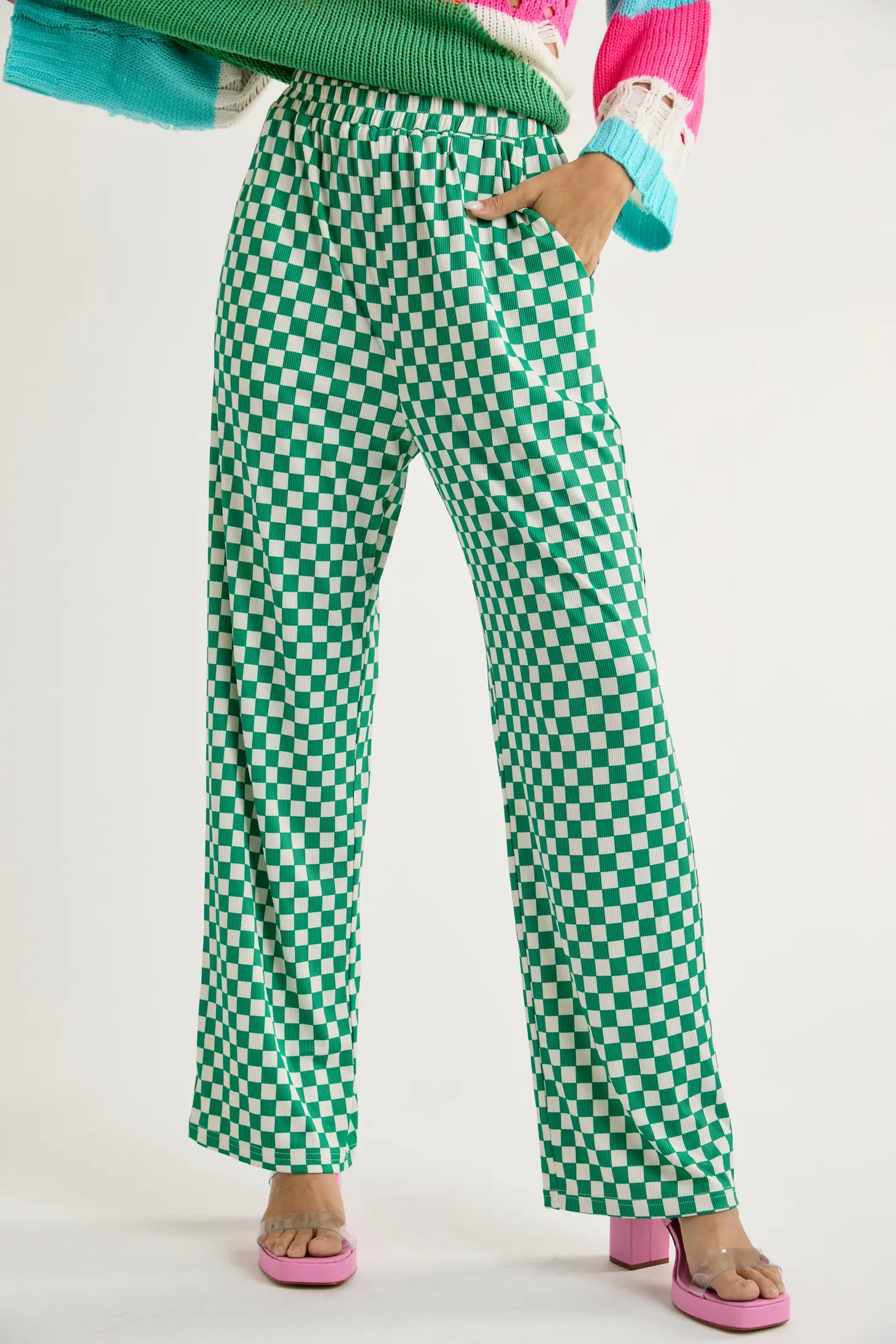 Retro Babe Green Checkered Print Wide Leg Pants