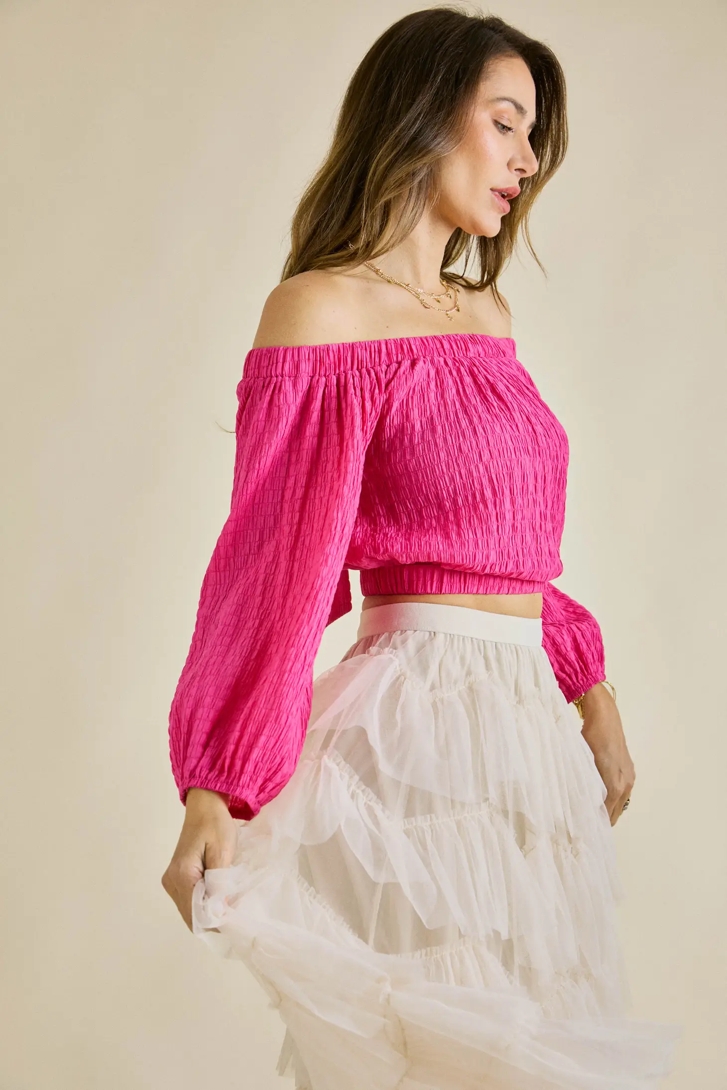 Alyssa Pink Off-The-Shoulder Long Sleeve Top