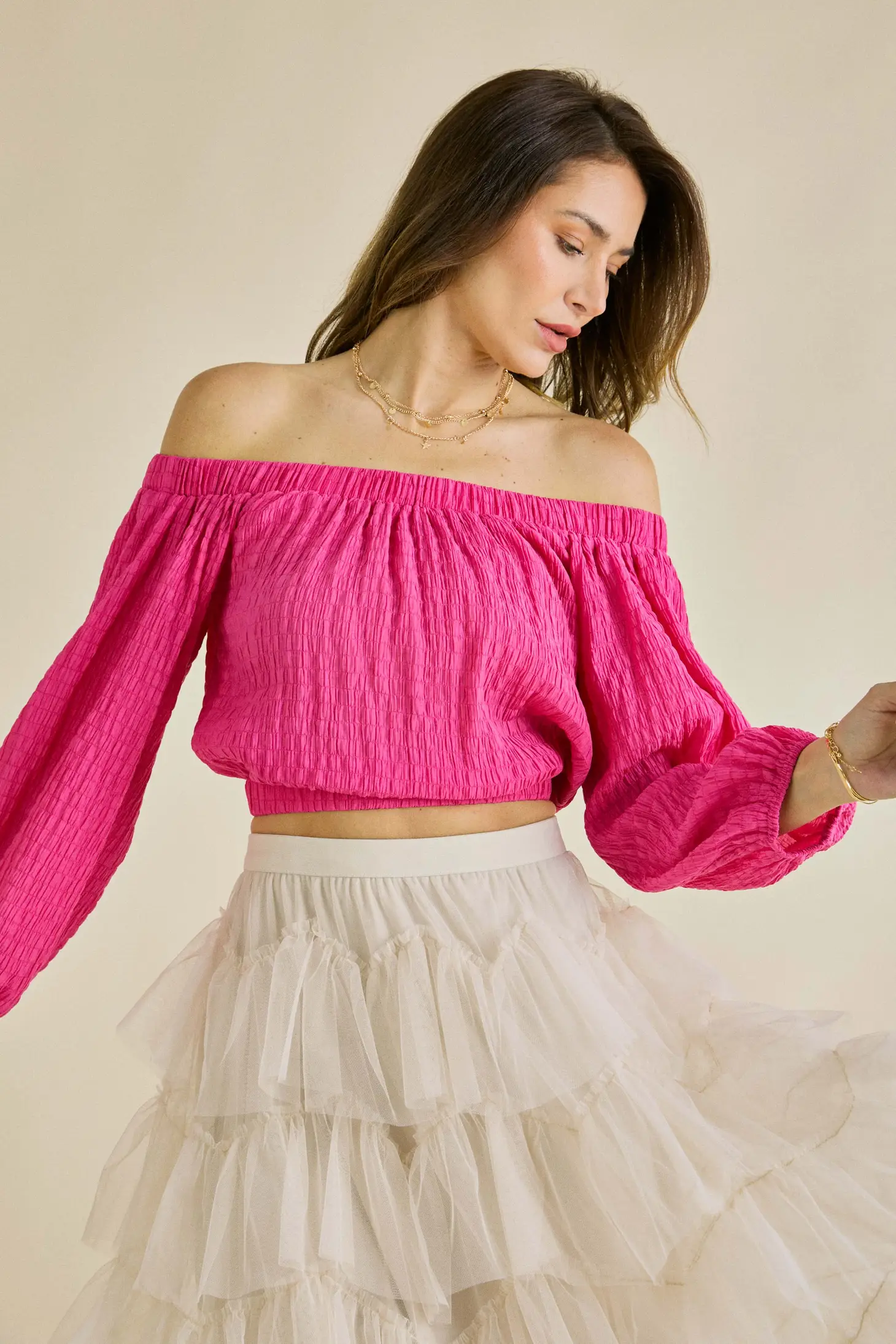 Alyssa Pink Off-The-Shoulder Long Sleeve Top
