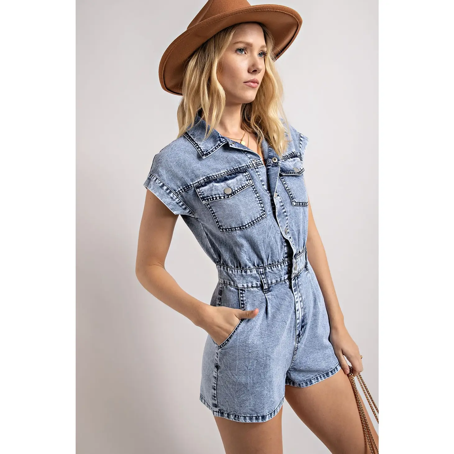 Adventure Bound Collared Denim Romper