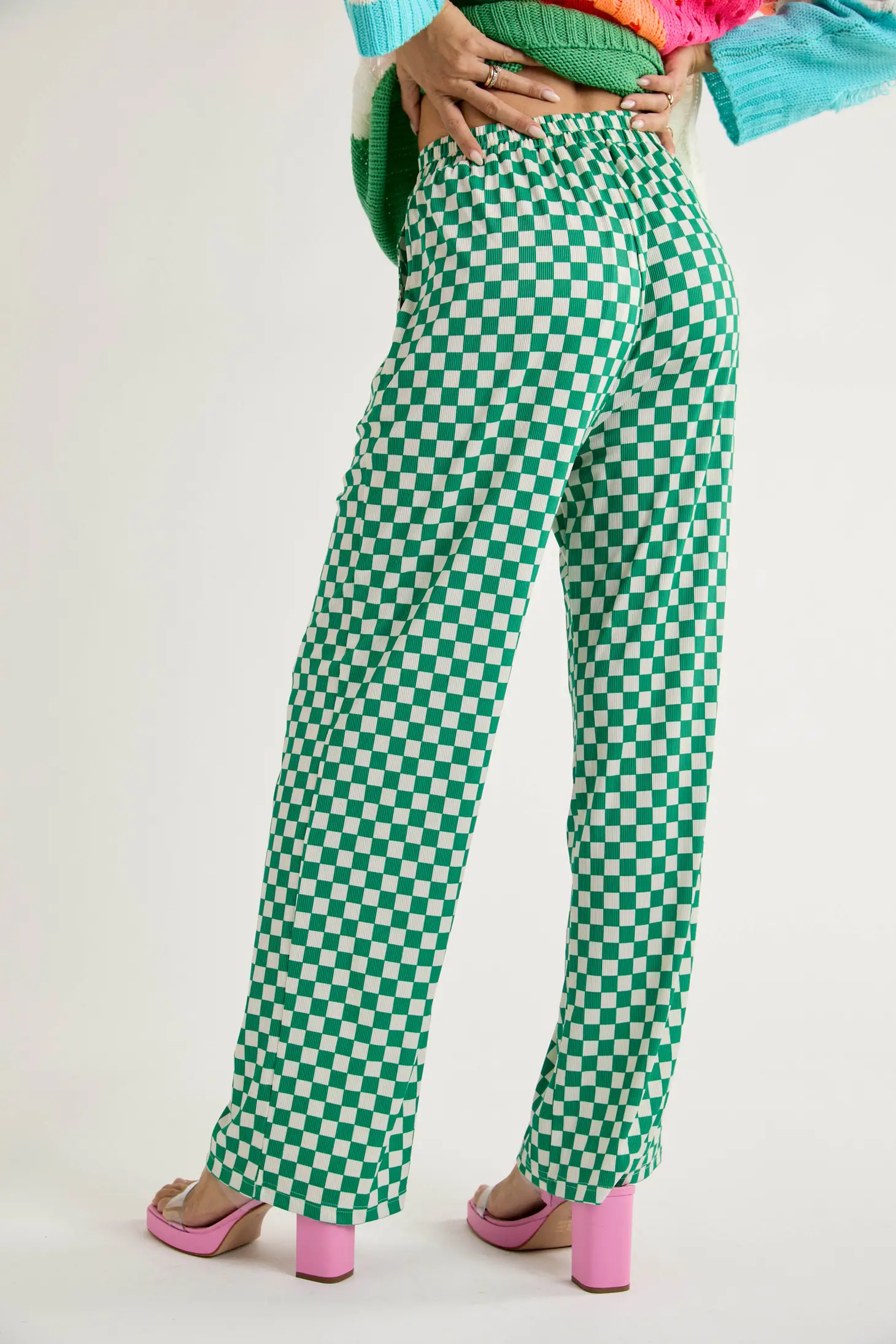 Retro Babe Green Checkered Print Wide Leg Pants
