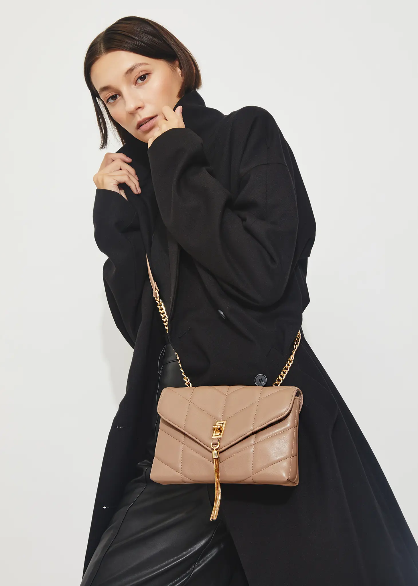 Avila Tassel Quilted Taupe Crossbody