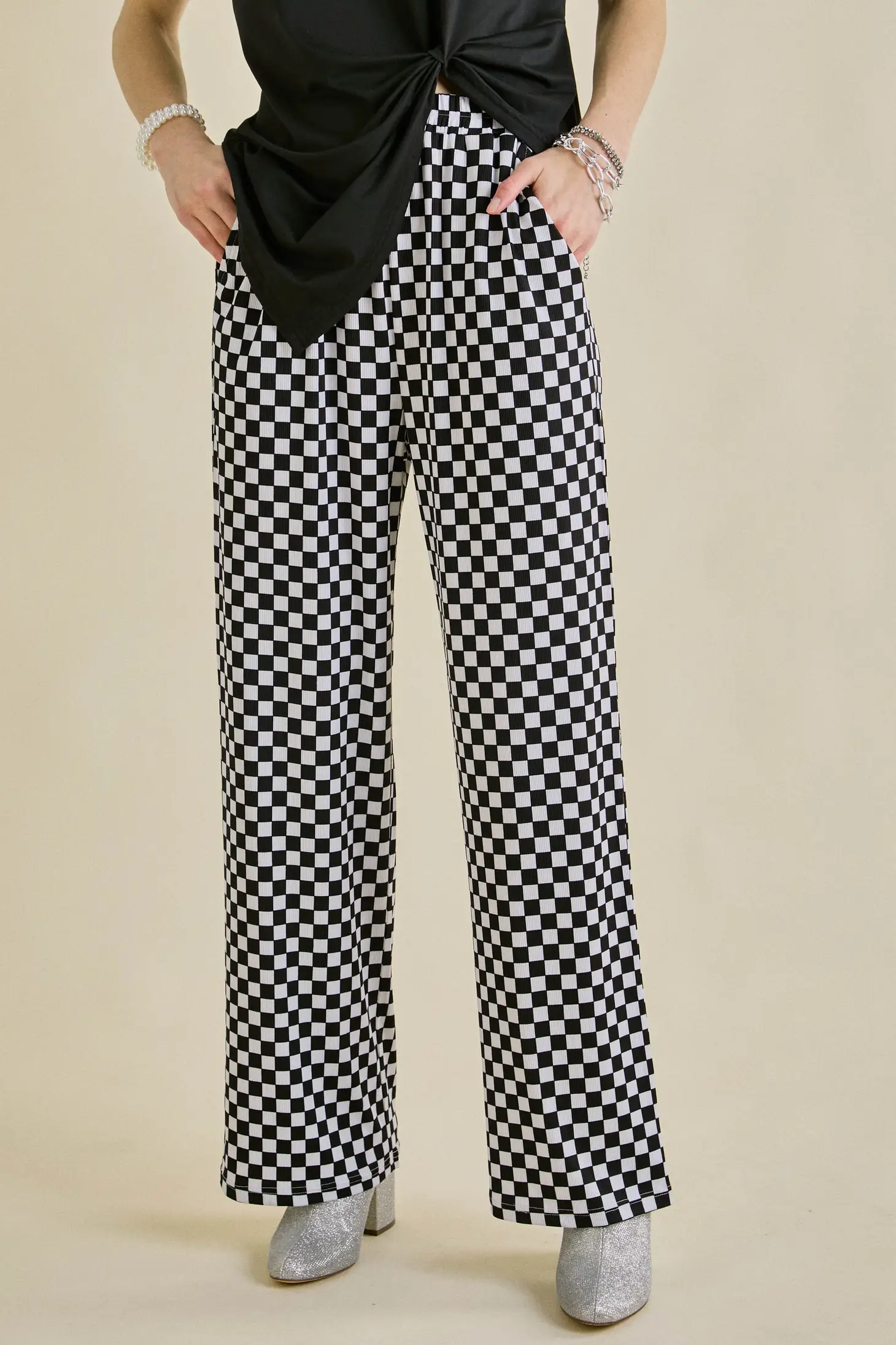 Retro Babe Black Checkered Print Wide-Leg Pants