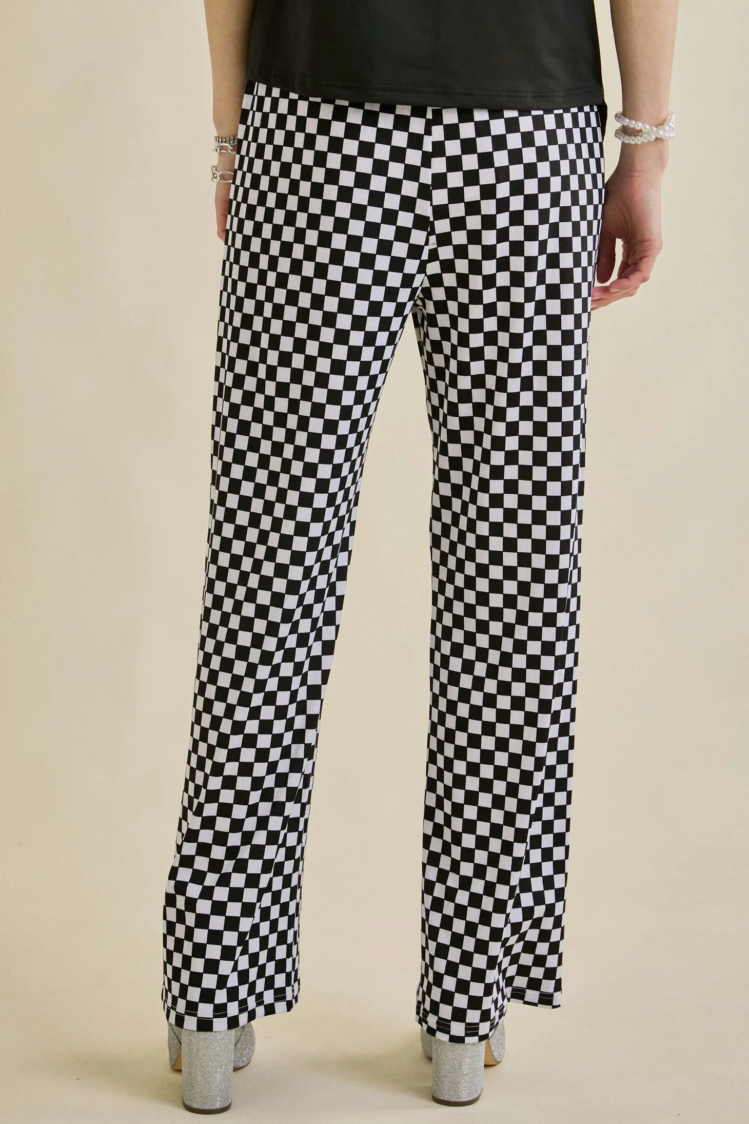 Retro Babe Black Checkered Print Wide-Leg Pants