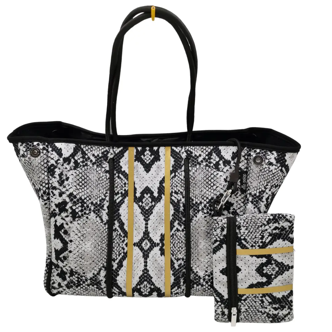 Neoprene Black & White Snake Print Large Tote