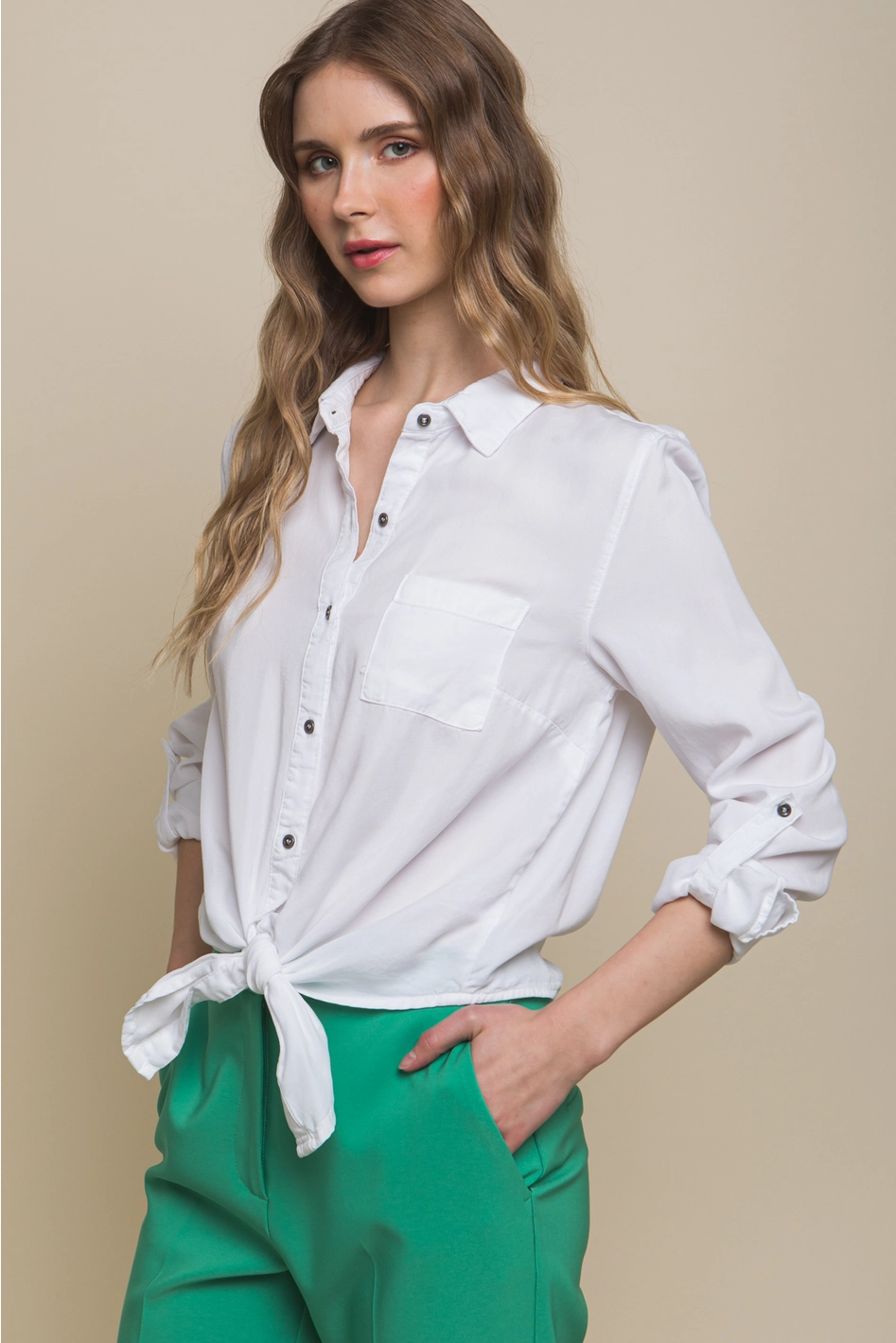 Monaco White Long Sleeve Tie-Front Top