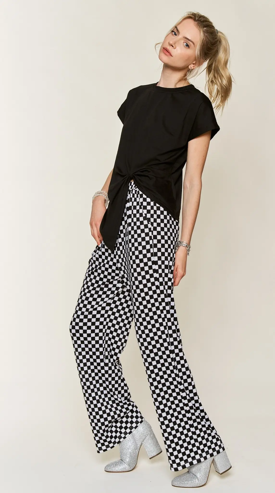 Retro Babe Black Checkered Print Wide-Leg Pants