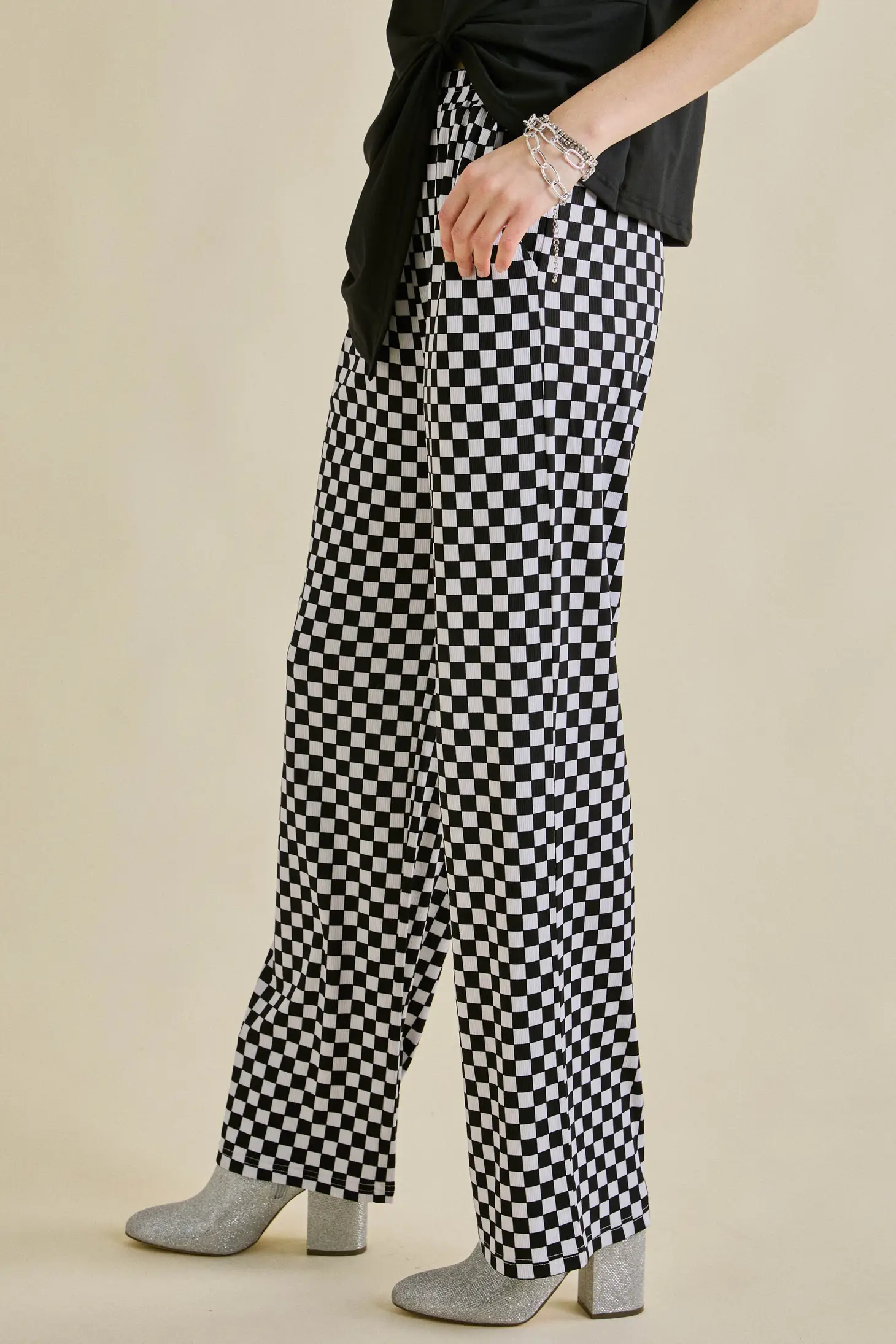 Retro Babe Black Checkered Print Wide-Leg Pants