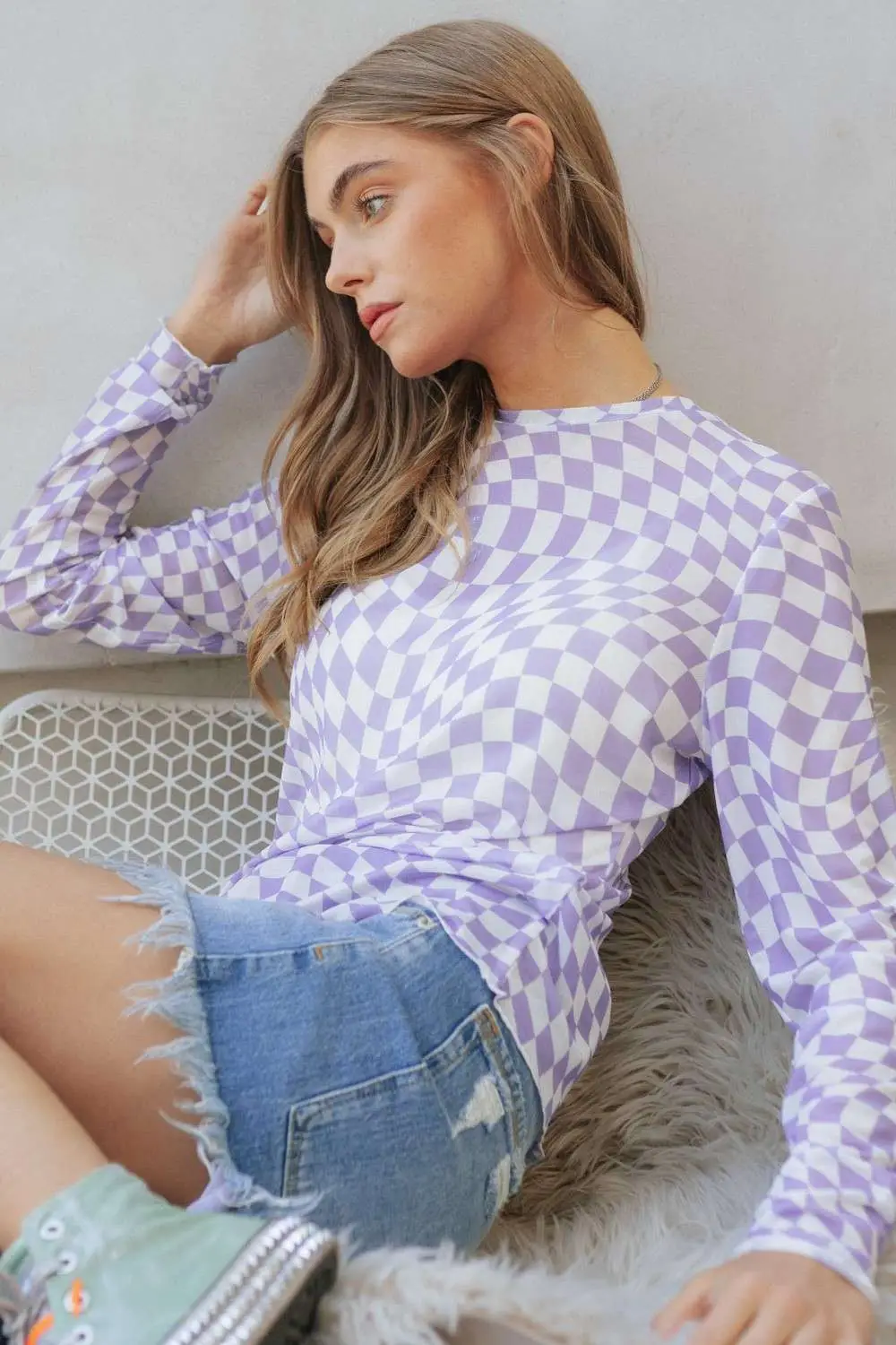 Checkmate Mesh Lavender Long Sleeve Top