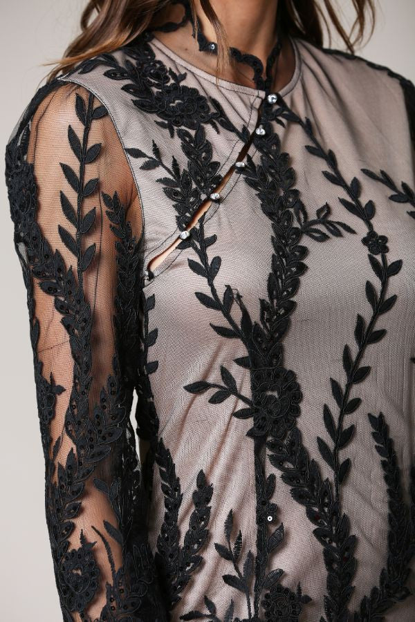 Alluring Ways Black Embroidered Long Sleeve Mini Dress
