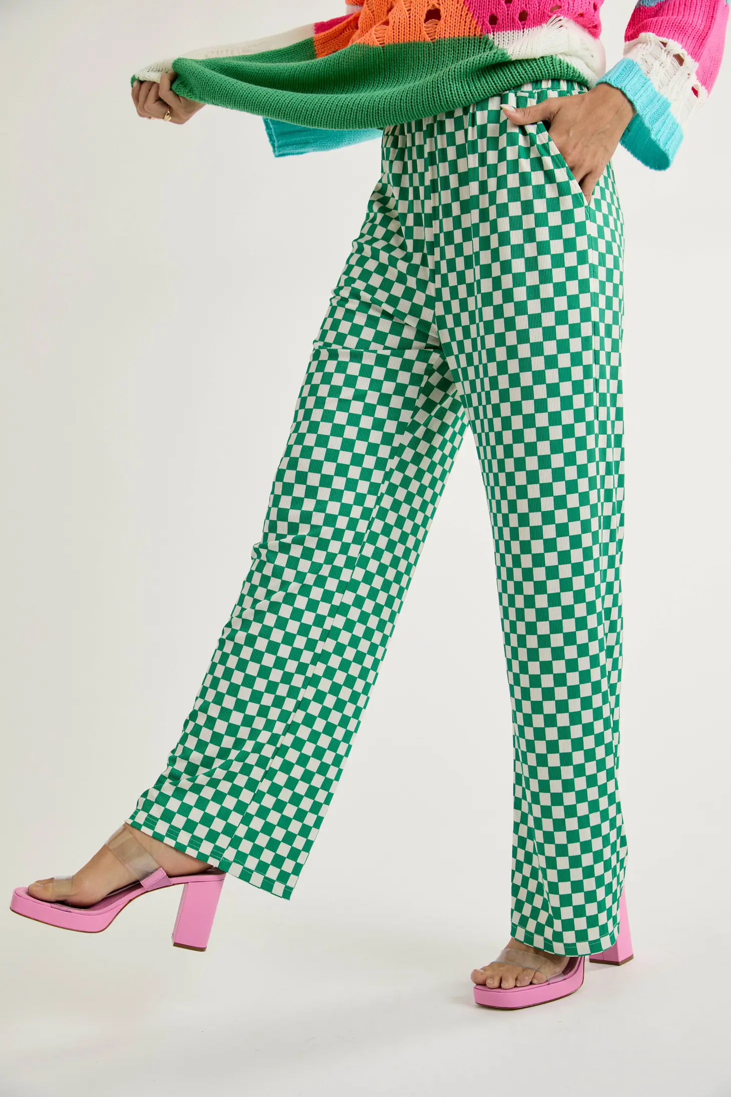 Retro Babe Green Checkered Print Wide Leg Pants