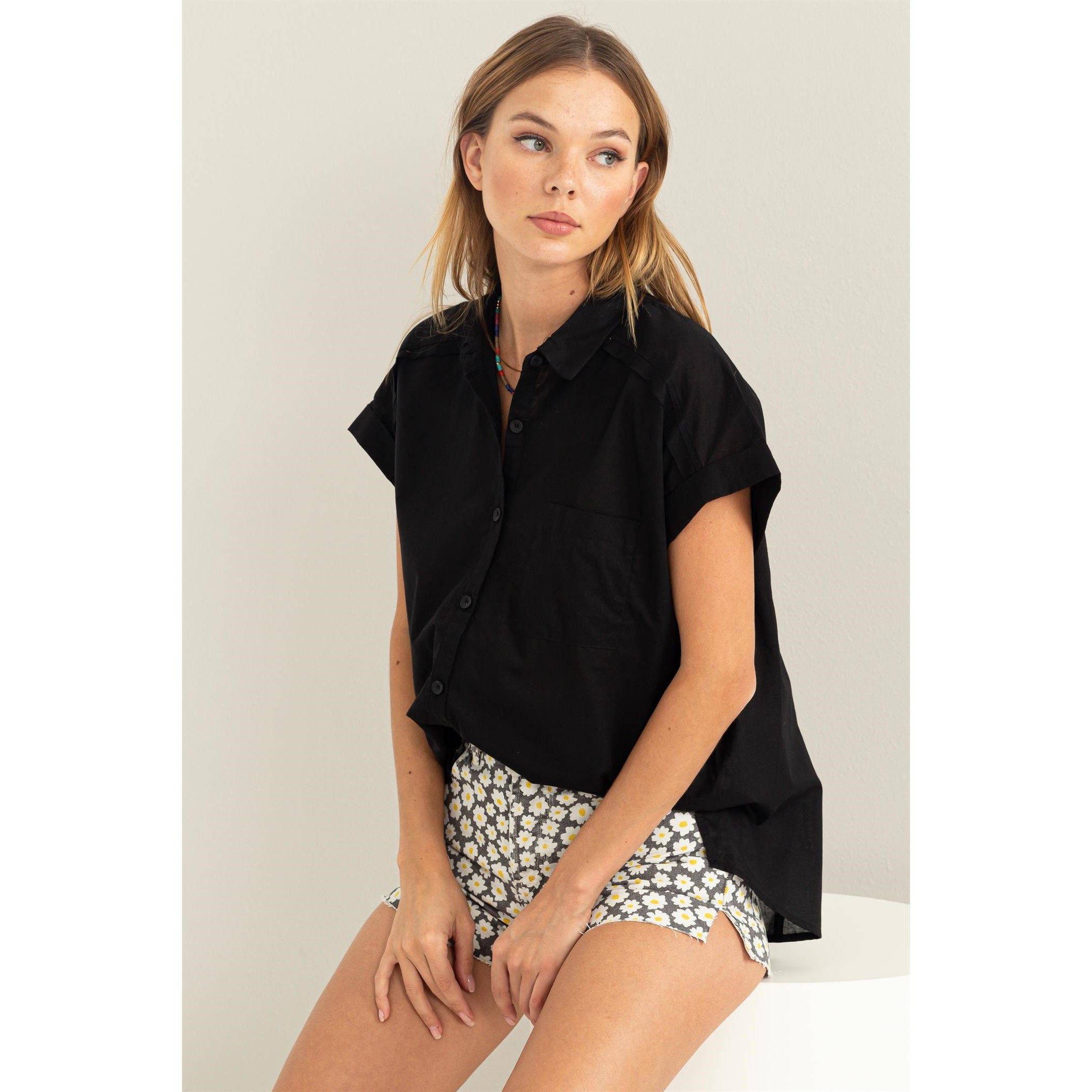 Wild At Heart Black Short Sleeve Button-Up Top