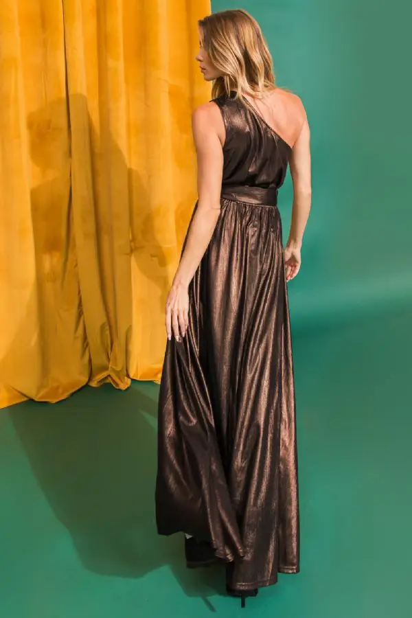 Bronze Goddess One-Shoulder Maxi Dress