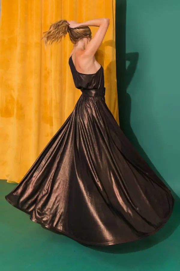 Bronze Goddess One-Shoulder Maxi Dress